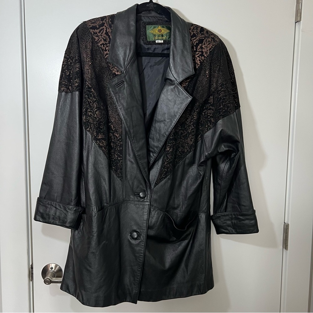 Avanti Black Leather Vintage Jacket with Bronze Patterned Suede Shoulder Insets